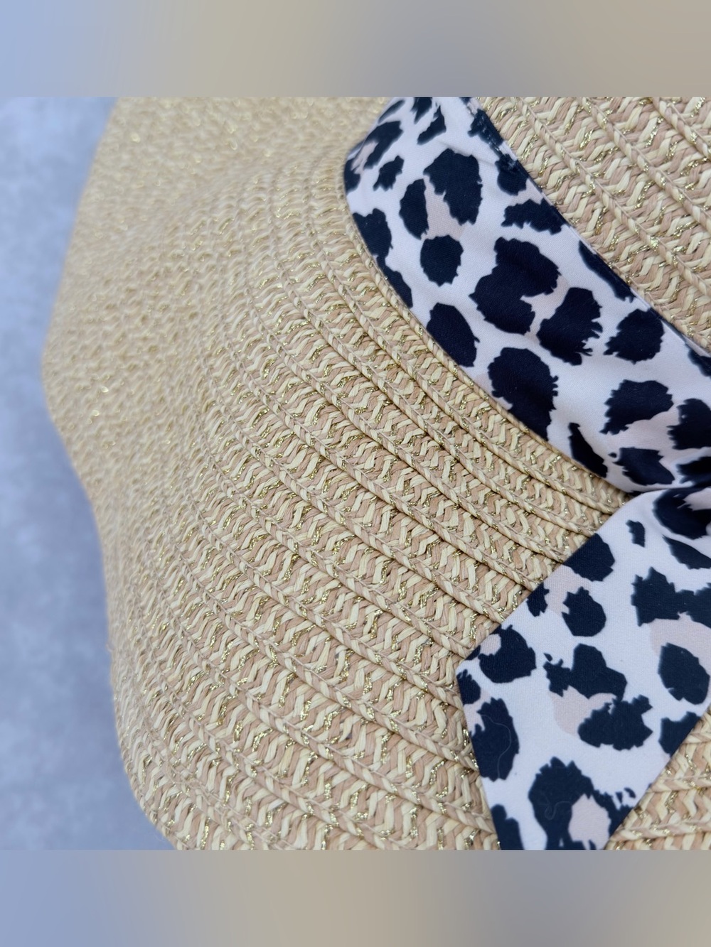 Straw Wide-Brim Sun Hat with Black & White Leopard Scarf women’s - Picture 4 of 9